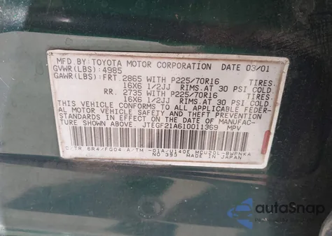 2001 Toyota Highlander V6 z USA, uszkodzony, nr VIN JTEGF21A610011369